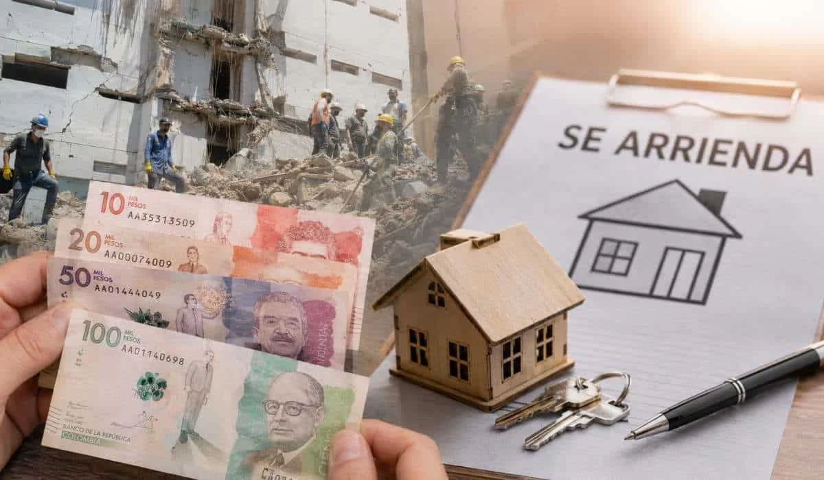 Persona revisando un contrato de arriendo y recibos tras el terremoto, con alertas sobre aumentos de canon en Colombia