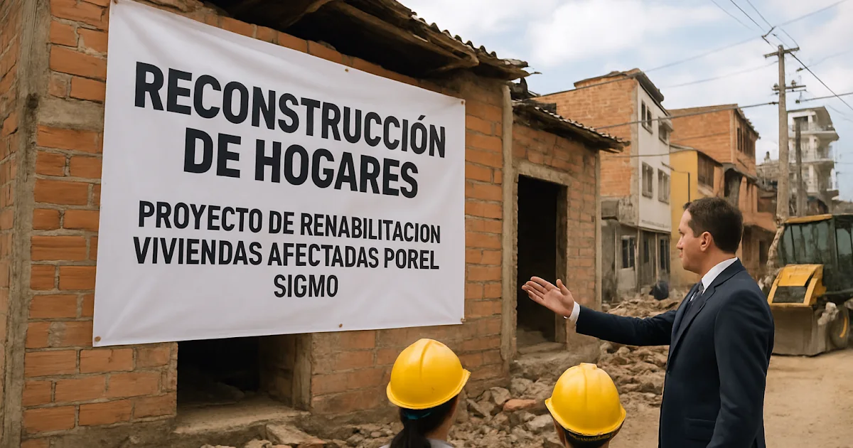 Viviendas afectadas por un sismo y equipos de reconstrucción en una zona de Colombia