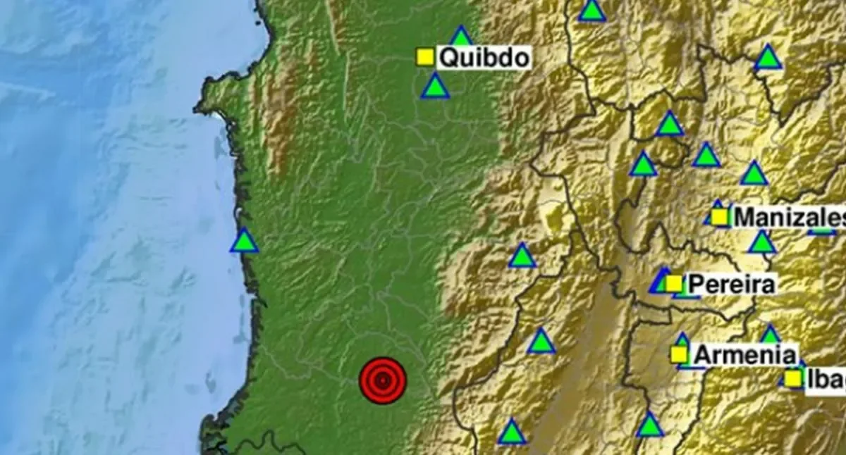 Mapa del Servicio Geológico Colombiano que señala el epicentro del temblor de magnitud 4,4 en Istmina, Chocó.