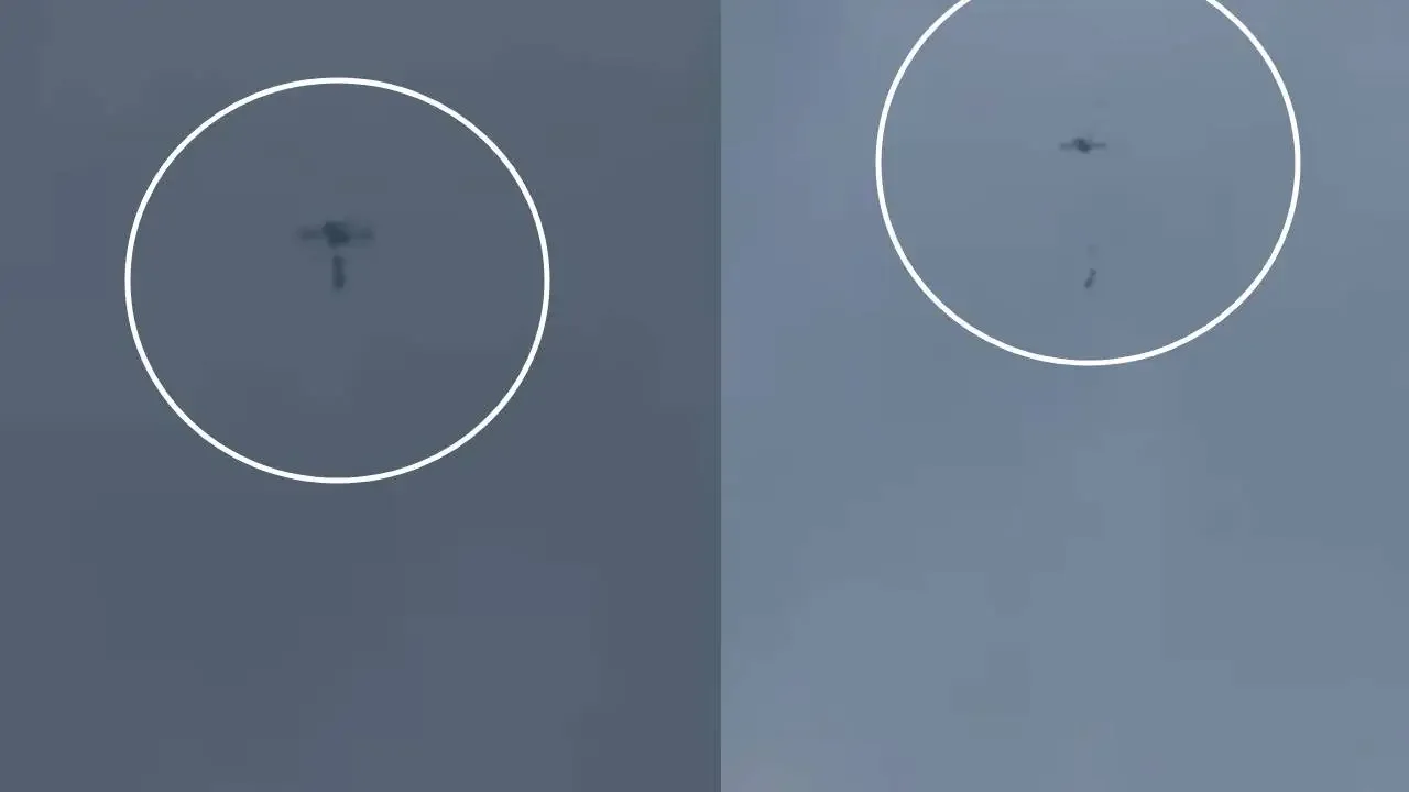 Fotograma de un dron sobrevolando El Carmelo, Cajibío, Cauca, momentos antes de lanzar un explosivo contra una subestación de Policía