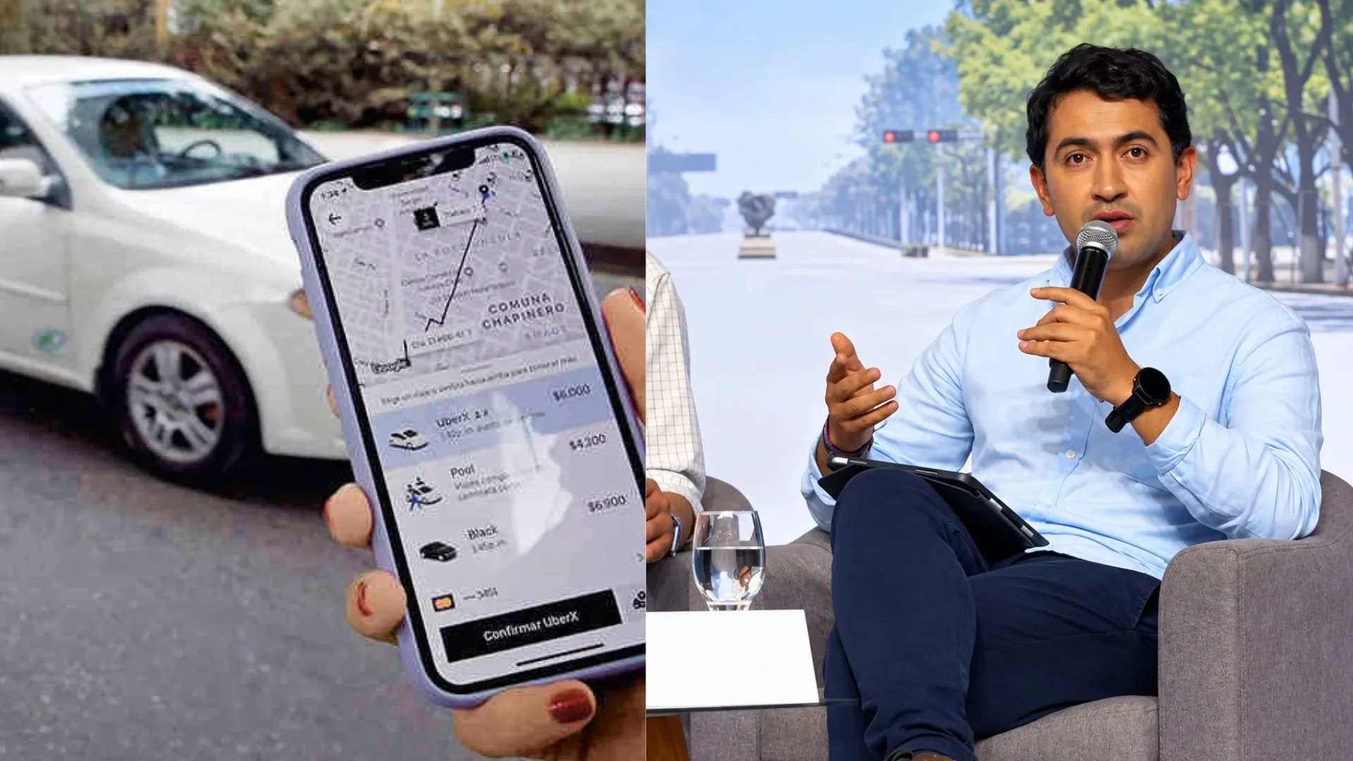 Vehículo circulando por una calle urbana mientras un conductor atiende una aplicación de movilidad en su teléfono celular.