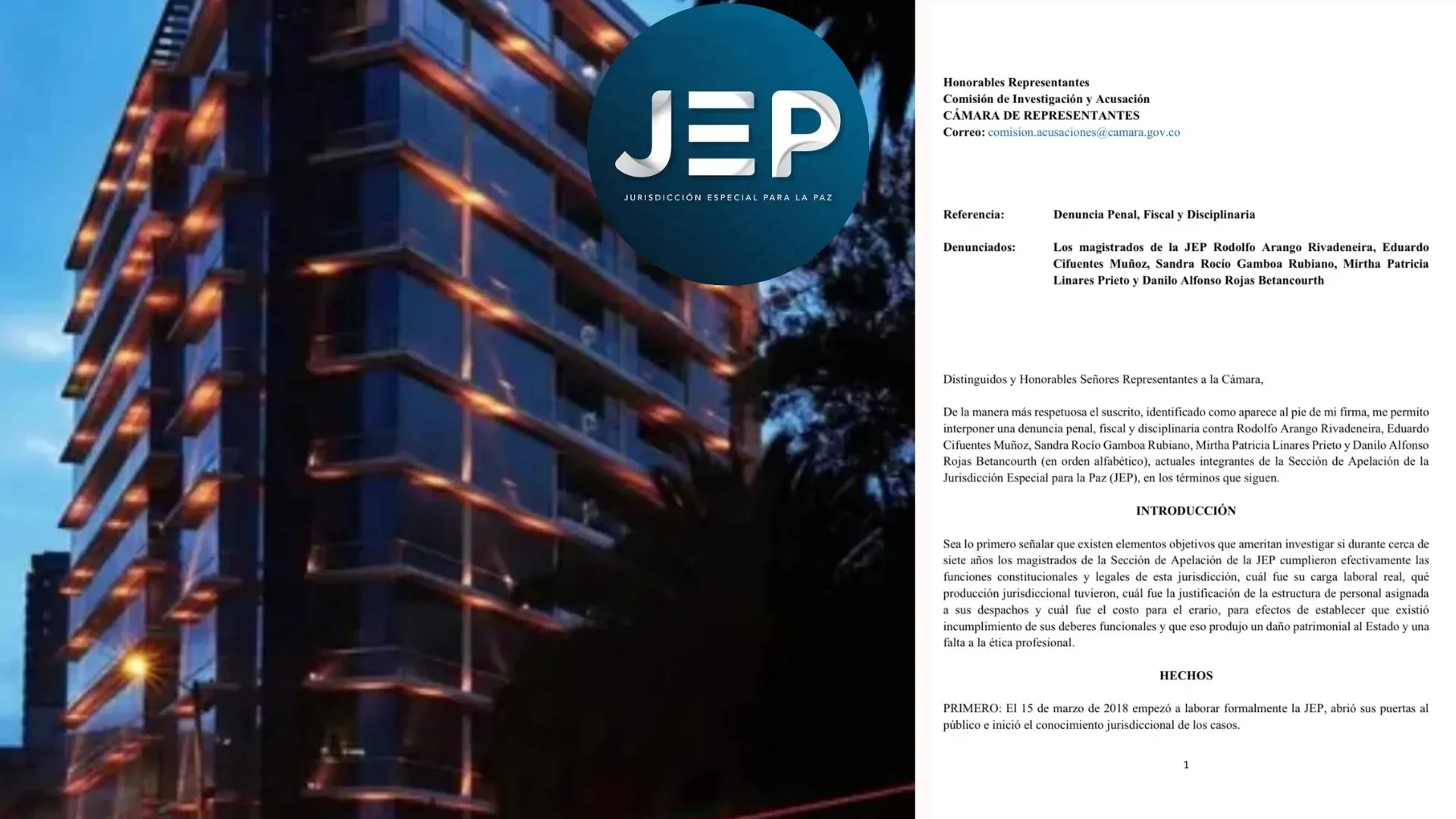 Fachada de la sede de la Jurisdicción Especial para la Paz en Bogotá, donde se investiga a cinco magistrados.