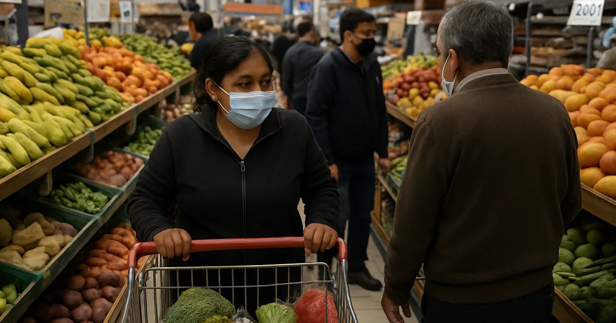 Canasta con alimentos básicos y verduras en un mercado colombiano representando el encarecimiento del costo de vida.