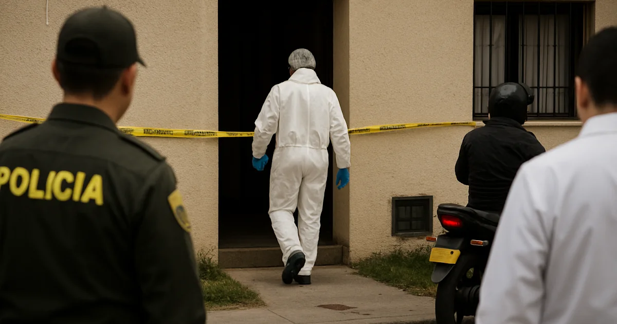 Cinta perimetral de la policía y vehículos de criminalística frente a una residencia acordonada