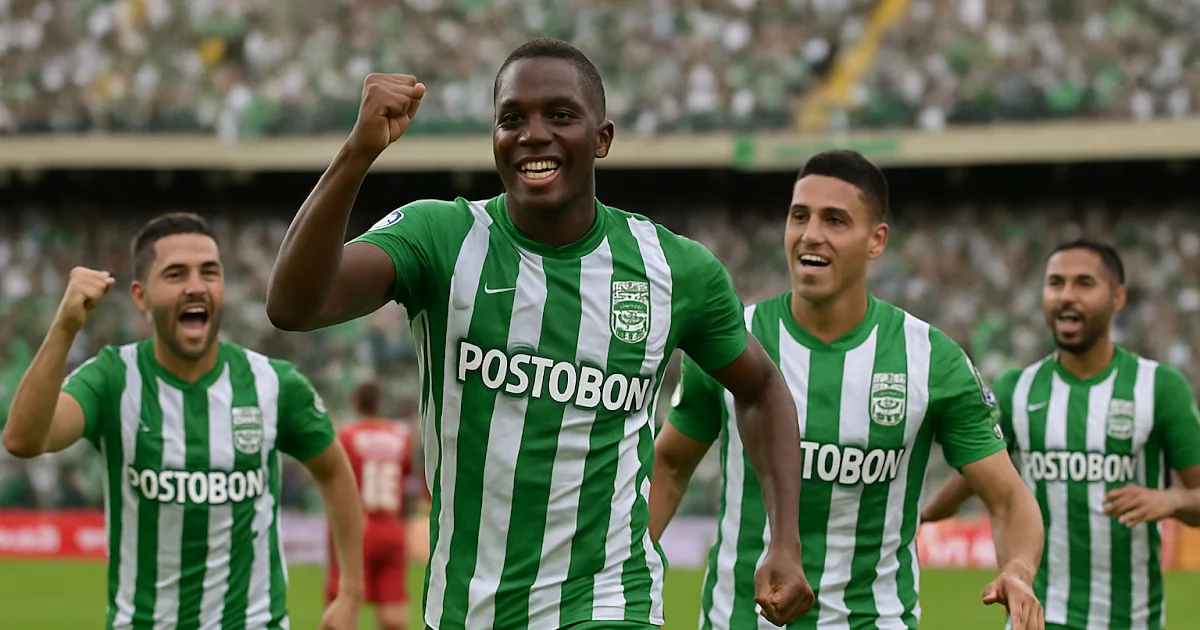 Jugadores de Atlético Nacional celebran un gol frente a Deportivo Pasto en la Liga BetPlay.