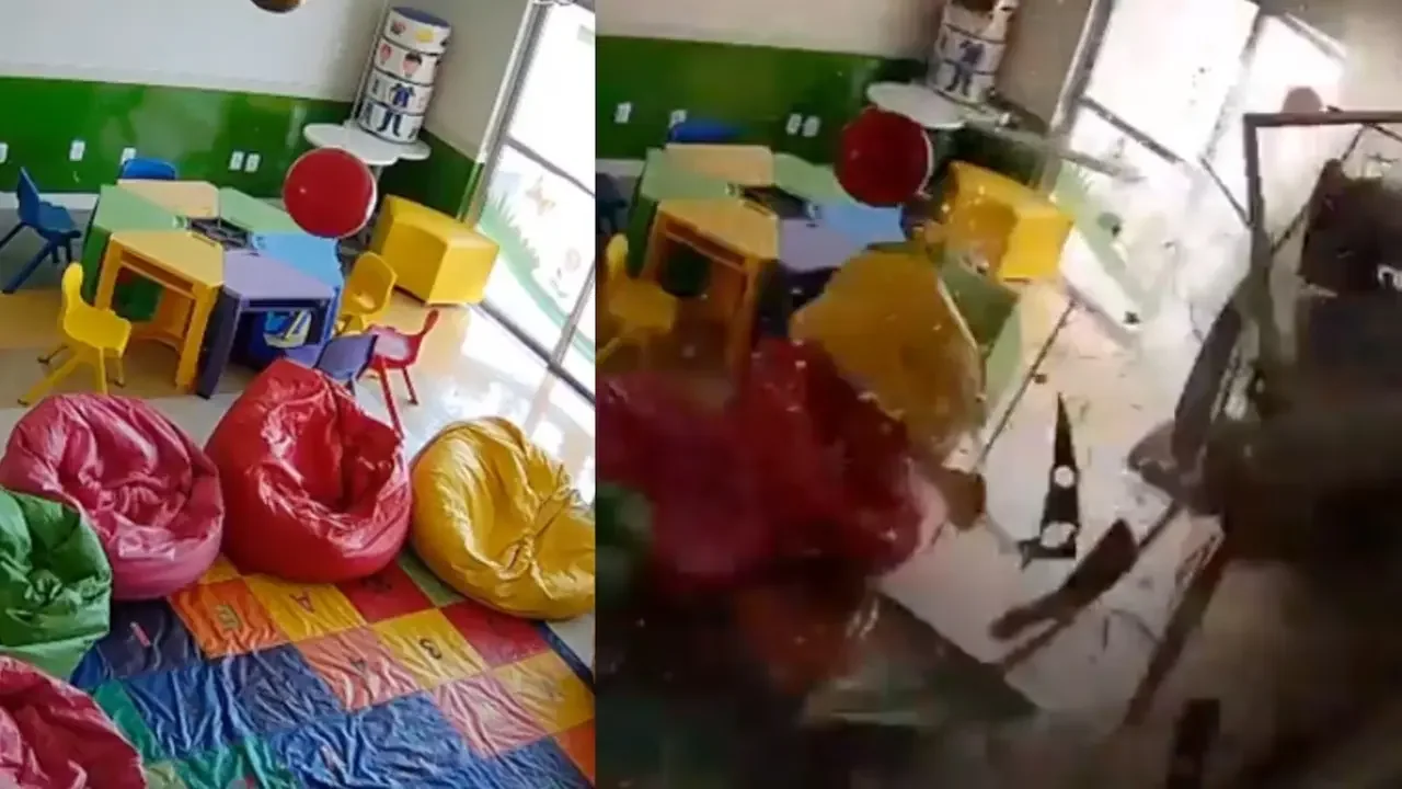 Avioneta agrícola accidentada sobre el techo de una guardería en Campo Verde, Brasil, donde se encontraban 180 niños.