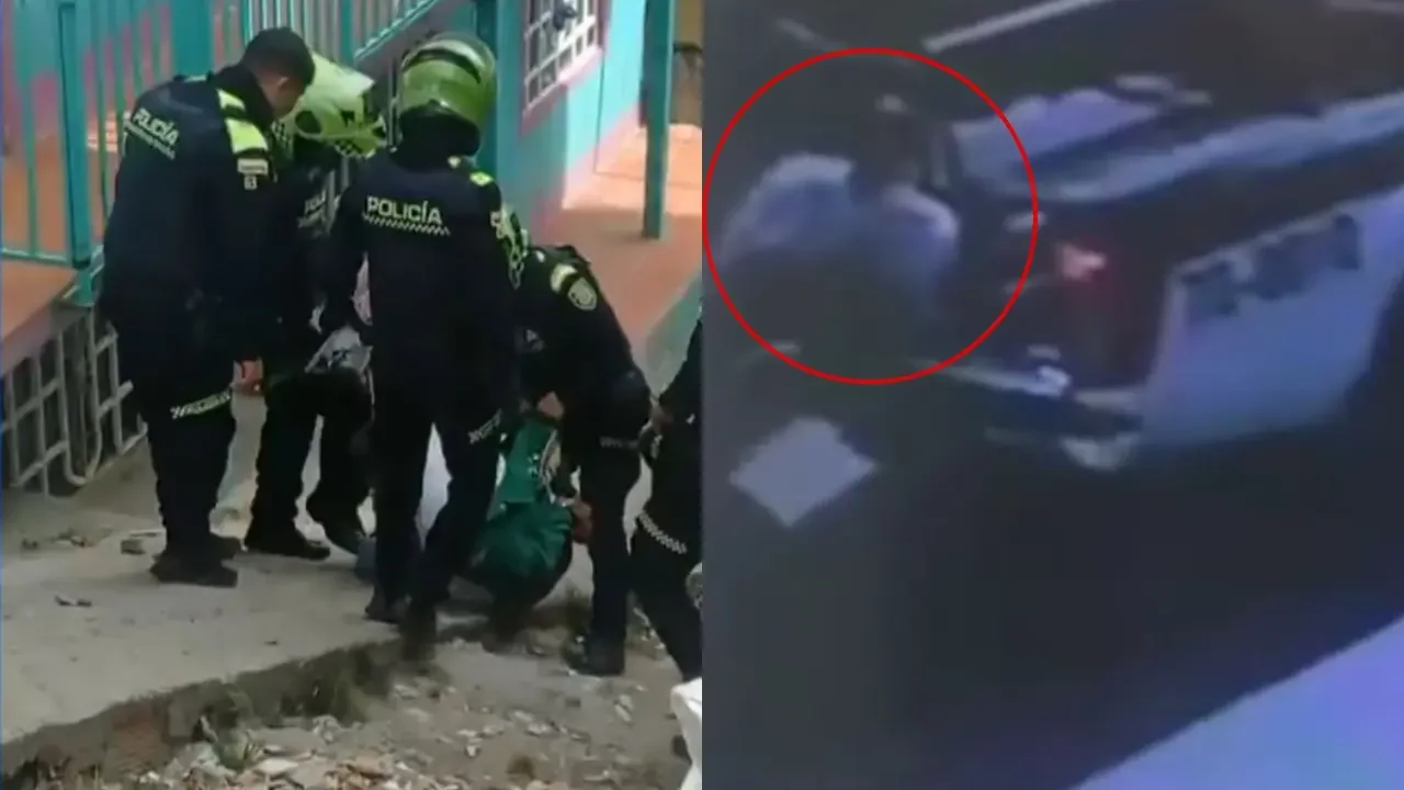 Patrullas de la Policía Nacional en una calle de un barrio popular de Bogotá durante un operativo.