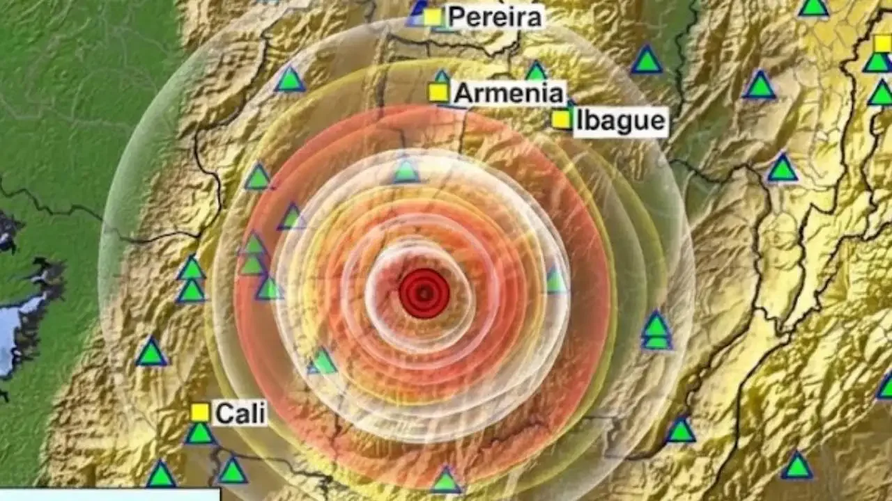 Mapa del Servicio Geológico Colombiano que señala el epicentro de un sismo en el departamento del Tolima