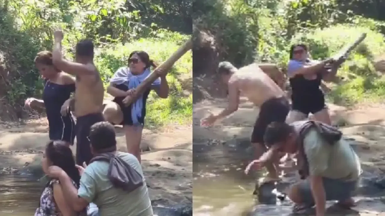 Mujer discutiendo y agrediendo a su pareja y a otra persona dentro de un río en un caso viral.