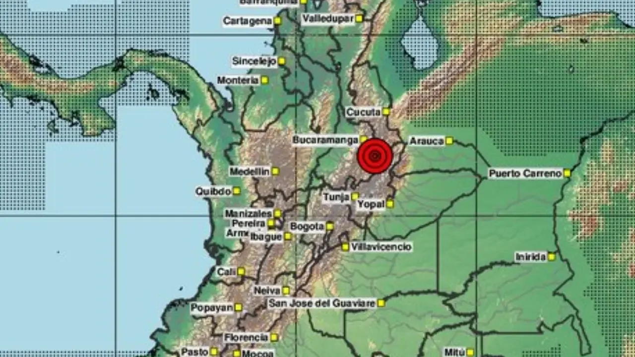 Mapa del Servicio Geológico Colombiano señalando el epicentro del sismo en Los Santos, Santander