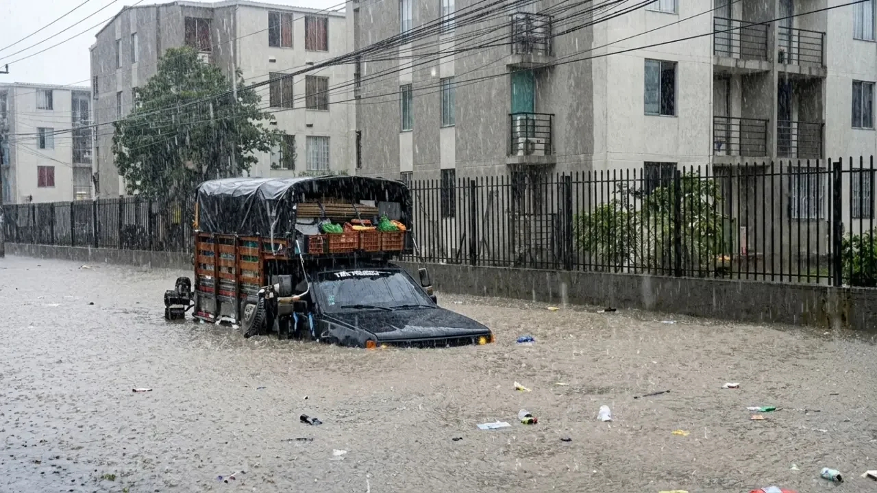 Vía anegada por el desbordamiento de aguas durante las lluvias en zona rural de Santa Marta.