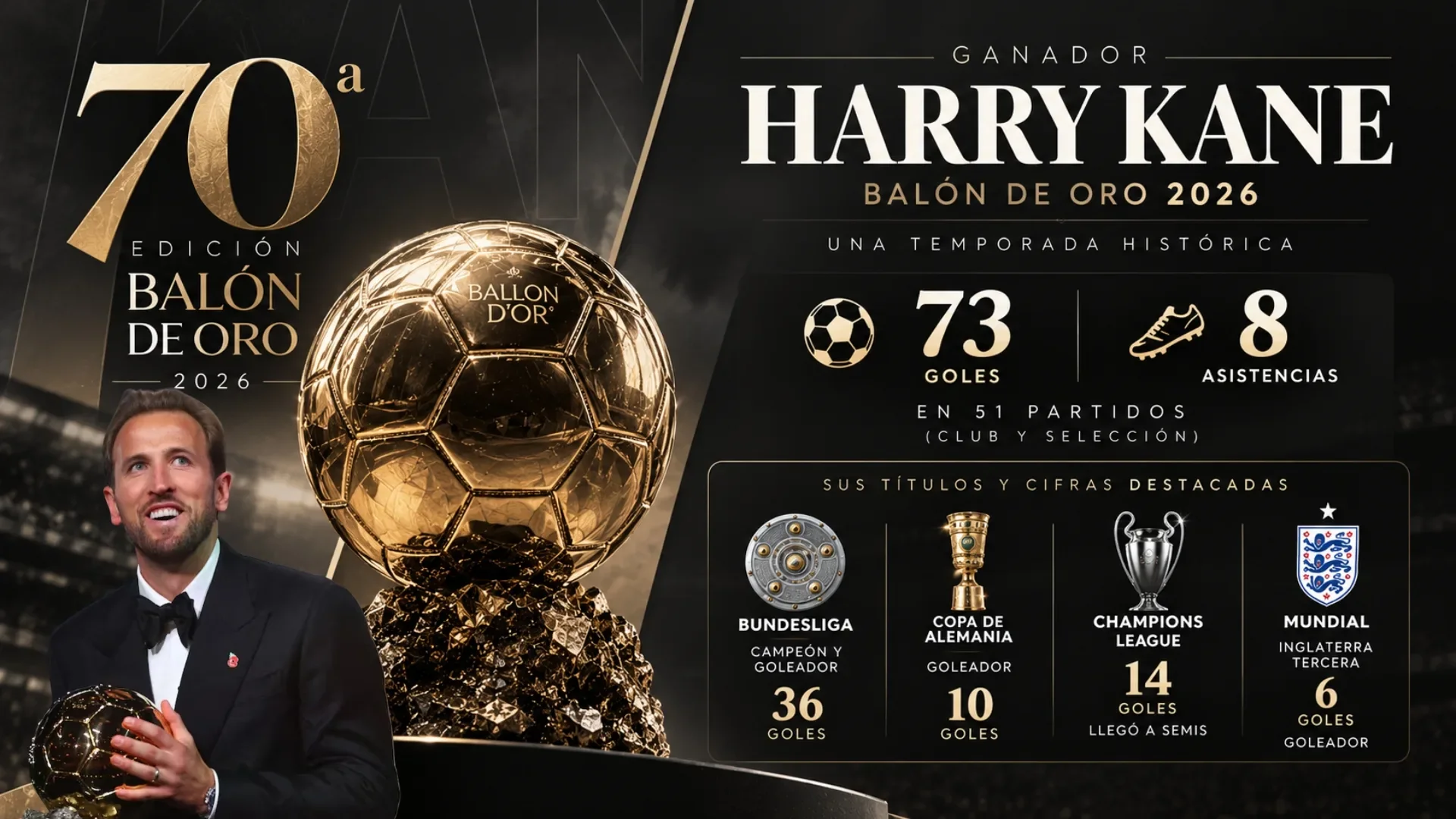 El delantero inglés Harry Kane sosteniendo el trofeo del Balón de Oro 2026 durante la ceremonia en Londres.