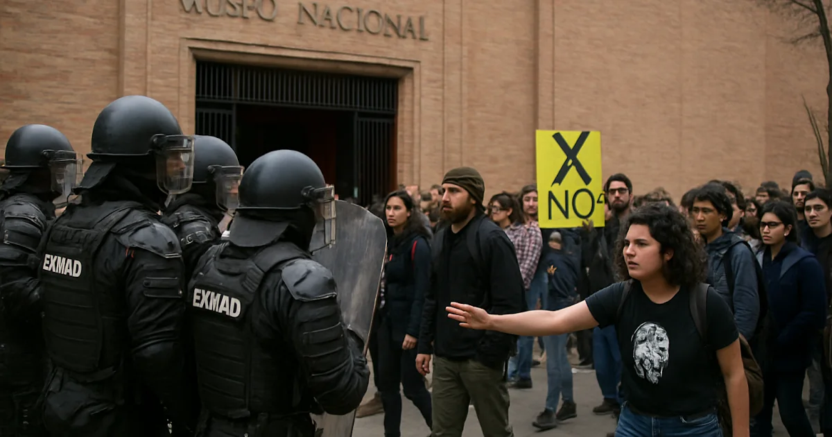 Fachada del Museo Nacional de Colombia en el centro de Bogotá durante una jornada de protesta cultural.
