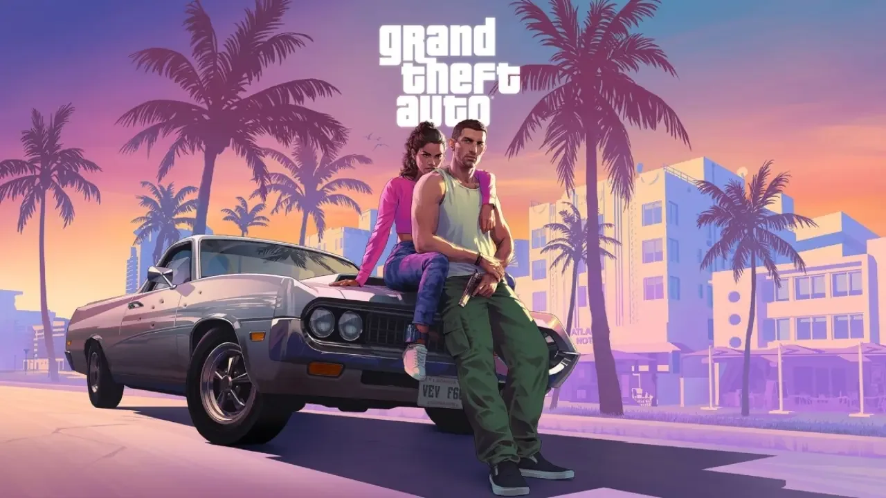 Arte promocional del videojuego Grand Theft Auto VI con vista a los paisajes y edificios de Vice City.