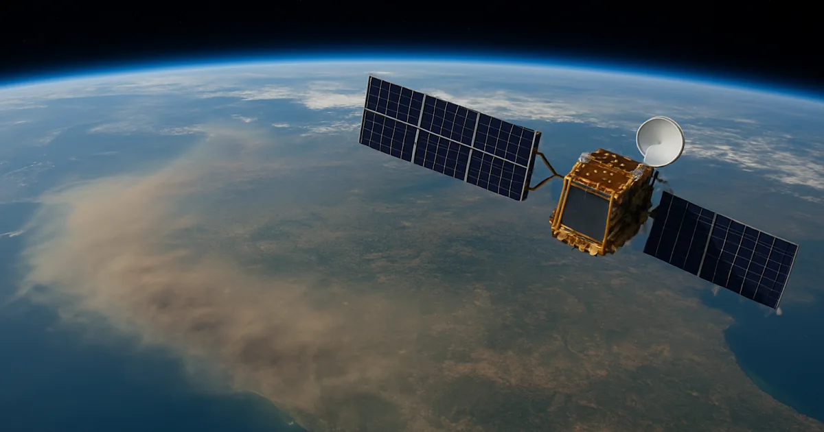Satélite tecnológico de la NASA orbitando la Tierra para monitorear la calidad del aire y la contaminación.