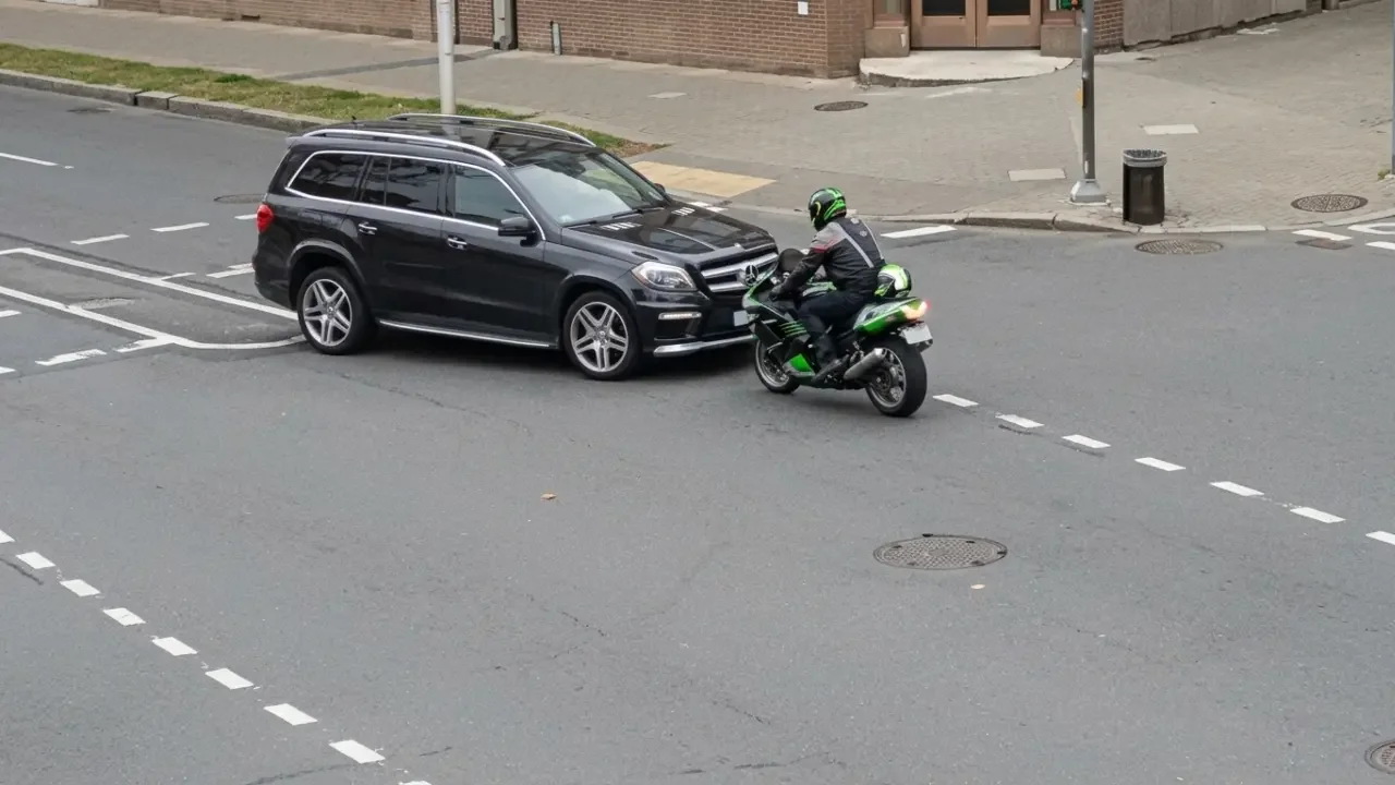 Momento del choque frontal entre una motocicleta y una camioneta Mercedes en una avenida de Minsk, Bielorrusia.