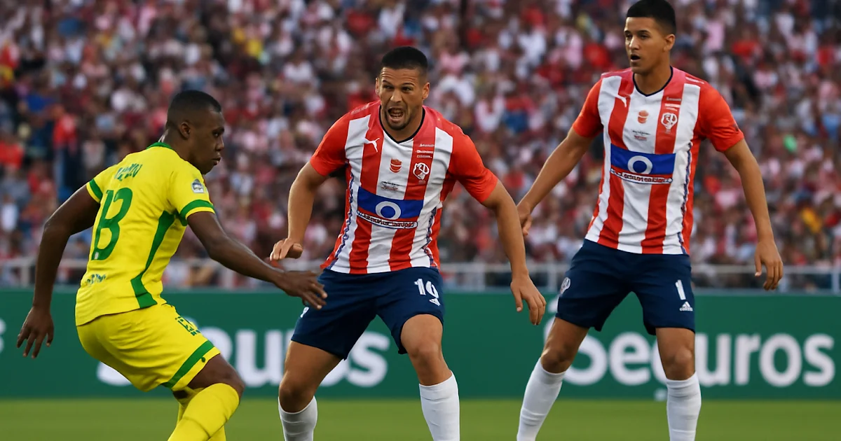 Disputa de balón durante el compromiso entre Bucaramanga y Junior por la Liga Betplay.