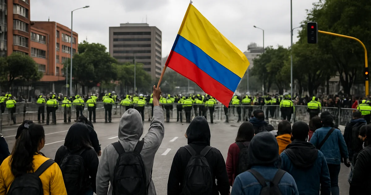 Tráfico vehicular y transeúntes sobre una avenida céntrica de Bogotá durante una jornada de marchas