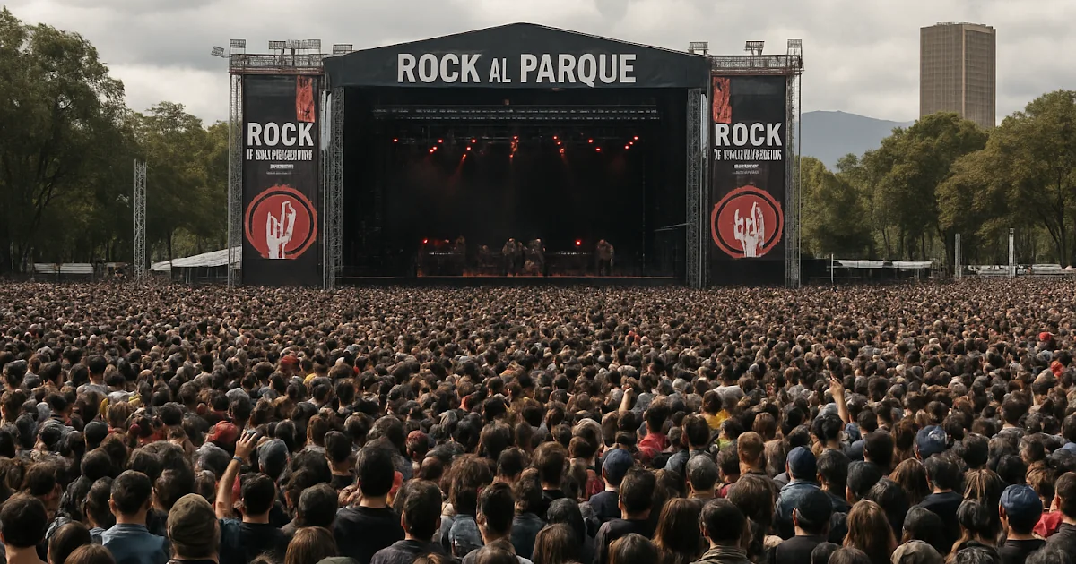 Multitud de asistentes disfrutando de un concierto al aire libre en el festival Rock al Parque en Bogotá.