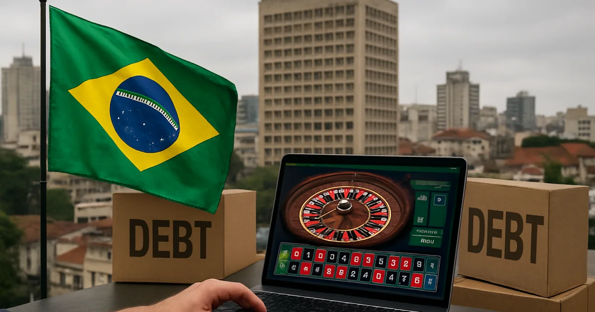 Gráfica económica de fondo con un teléfono inteligente mostrando aplicaciones de apuestas en línea en Brasil.
