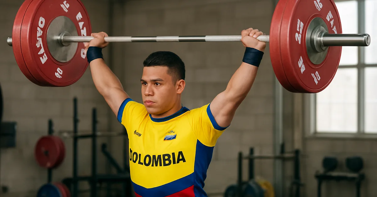 Deportista colombiano concentrado durante una sesión de levantamiento de barra con pesas.