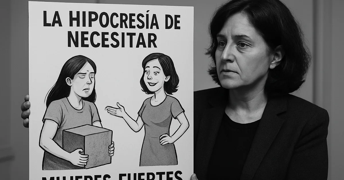 Caricatura de Nani sobre la hipocresía social y la exigencia de fortaleza femenina.