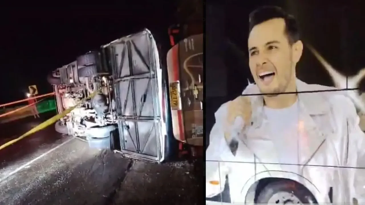 Vehículo de la agrupación musical de Alexis Escobar volcado a un costado de la vía en Guaduas, Cundinamarca.