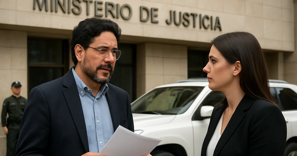 Fachada del Ministerio de Justicia en Bogotá junto a una fotografía del senador Iván Cepeda.
