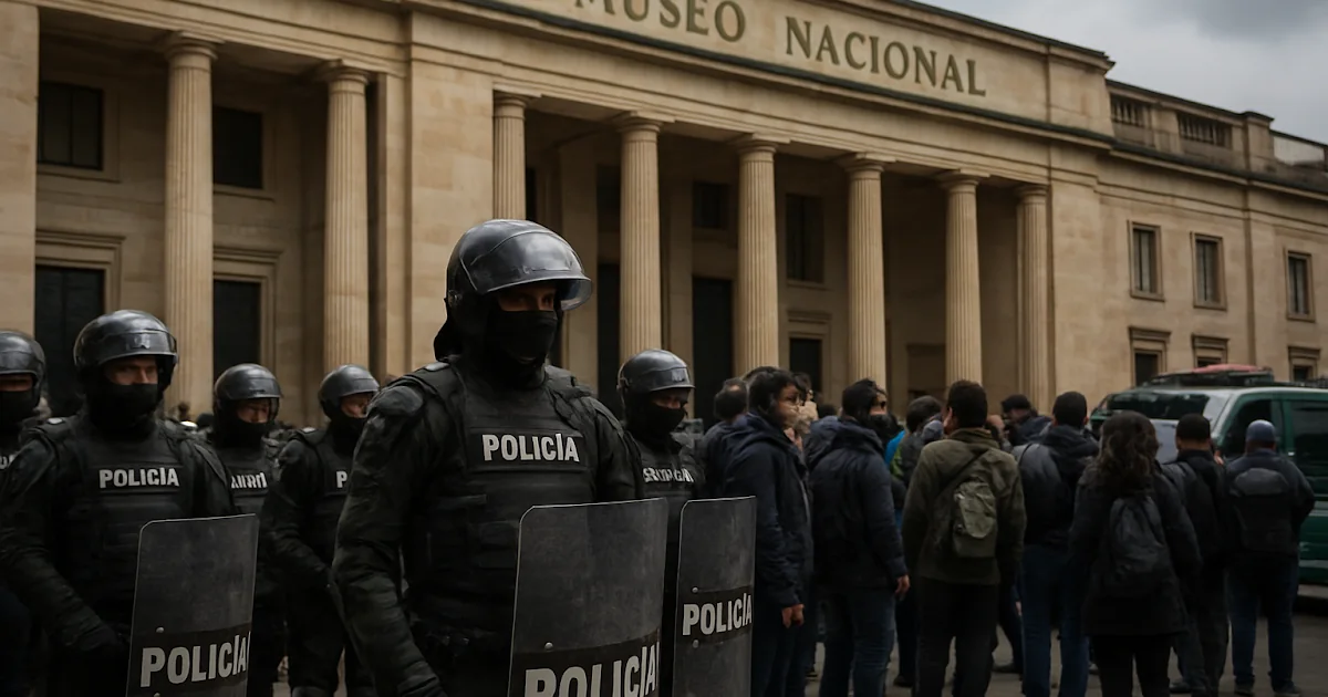 Uniformados de la Policía Nacional frente a las instalaciones del Museo Nacional en Bogotá durante una jornada de protesta.