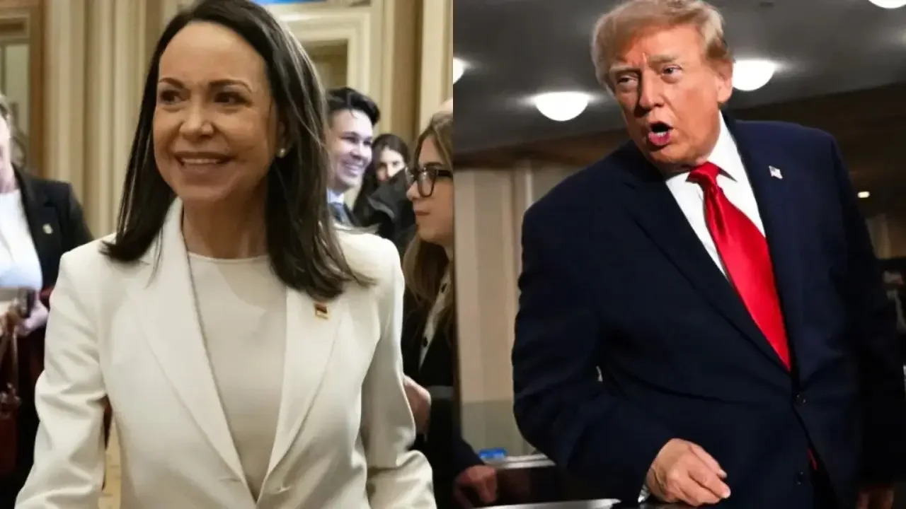 Donald Trump ofreciendo declaraciones a la prensa en Washington sobre la situación de María Corina Machado.
