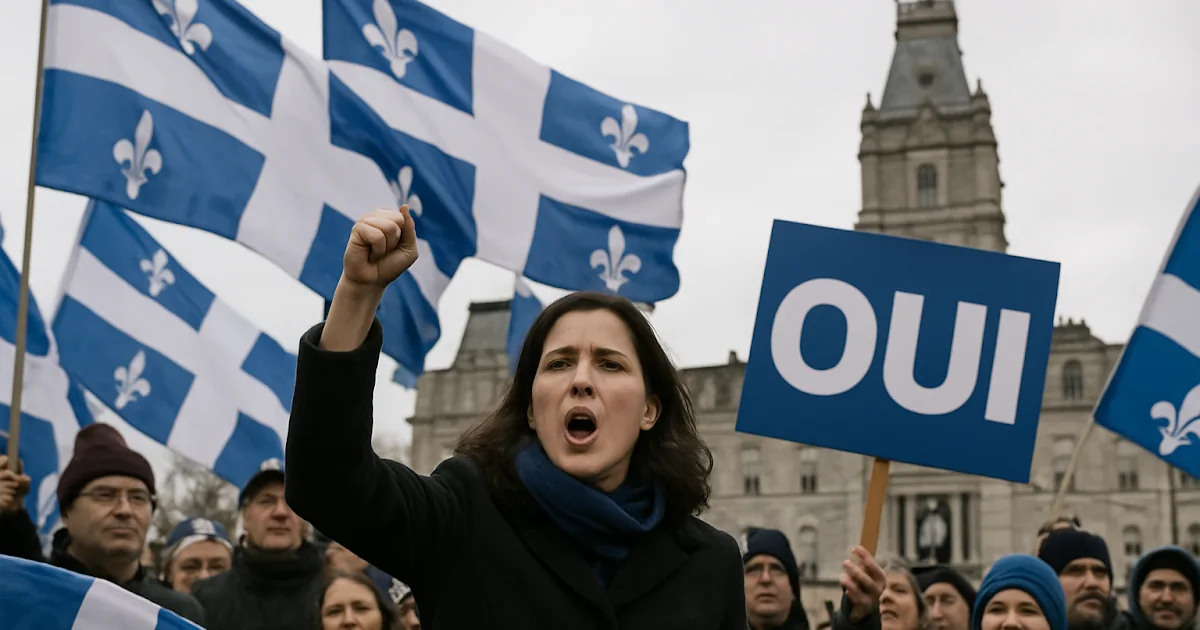 Banderas de Quebec ondeando durante una manifestación política de sectores soberanistas en Canadá.