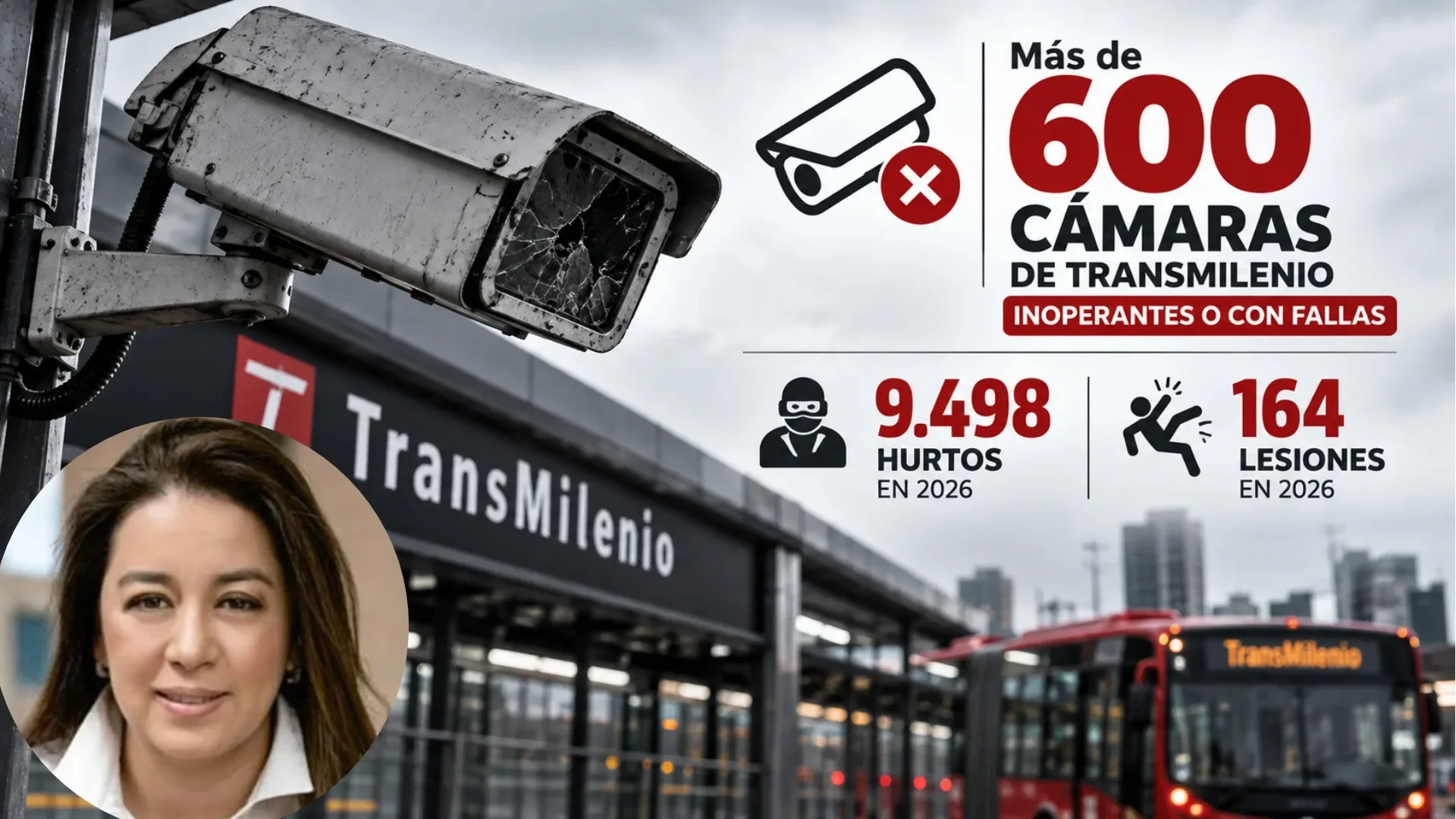 Cámara de videovigilancia instalada en el techo de una estación del sistema de transporte TransMilenio en Bogotá