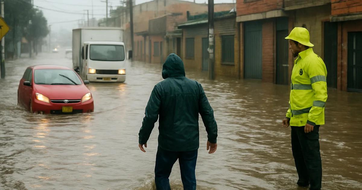 Calle inundada en un municipio de Cundinamarca tras las fuertes lluvias de la madrugada.
