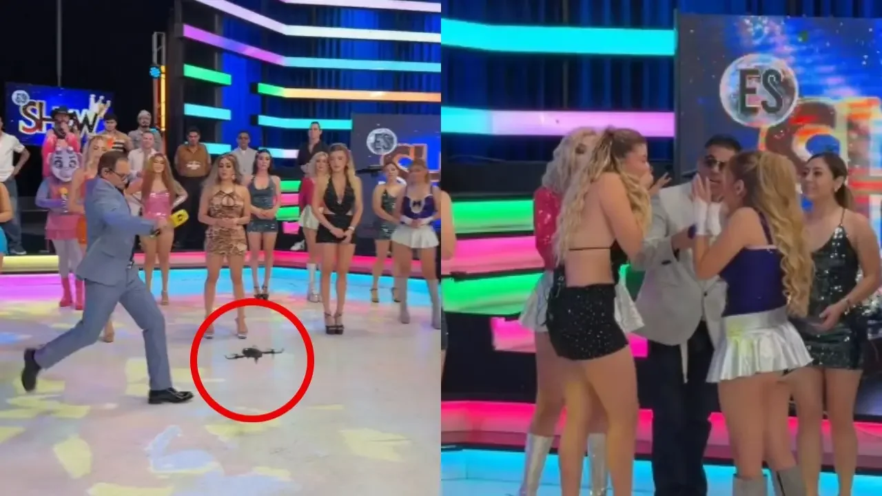 El presentador Ernesto Chavana y la modelo Isabella Rojas en el set del programa Es Show de Multimedios TV