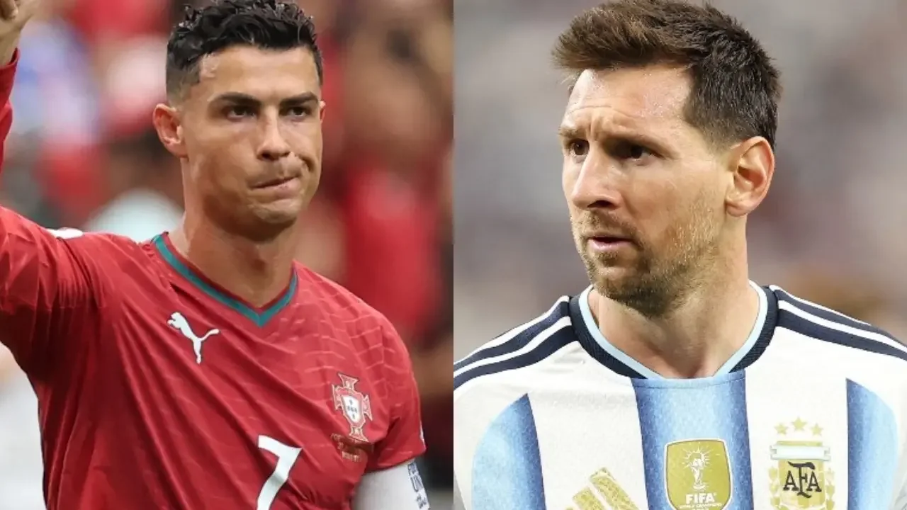 Carlos Tévez junto a Lionel Messi y Cristiano Ronaldo en un montaje sobre un terreno de juego.