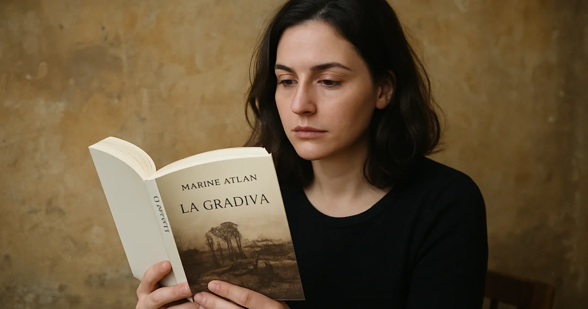 Portada de la novela 'La Gradiva' y retrato de la escritora Marine Atlan en un ambiente literario.