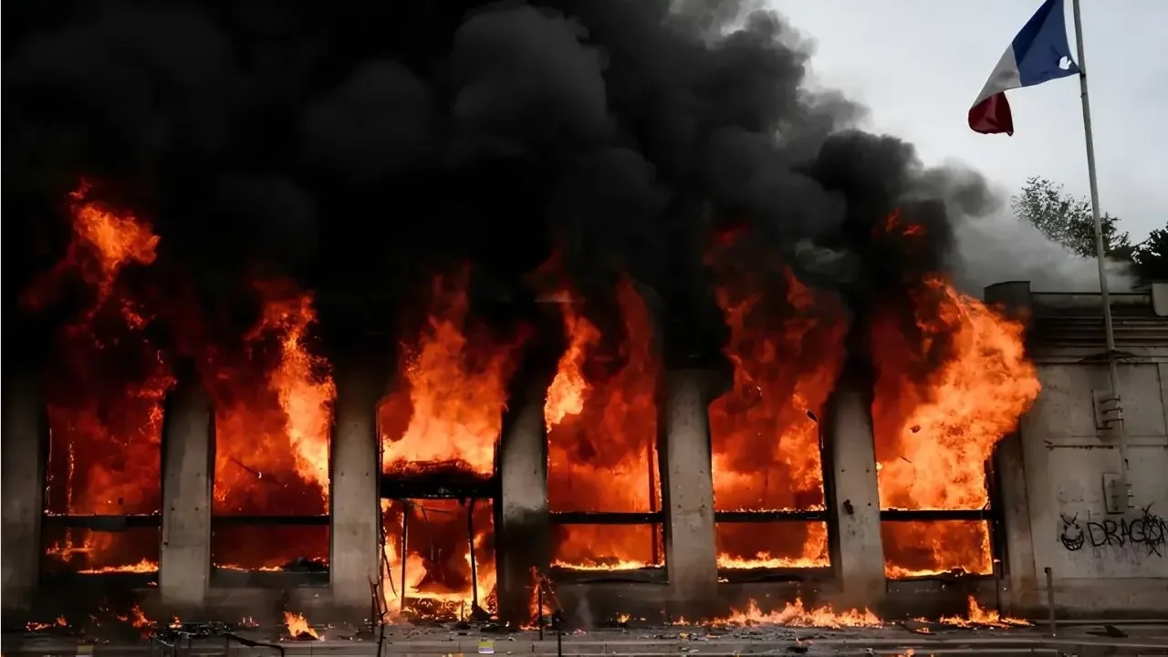 Edificio de la Alcaldía de Limoges en Francia afectado por llamas y humo durante protestas.